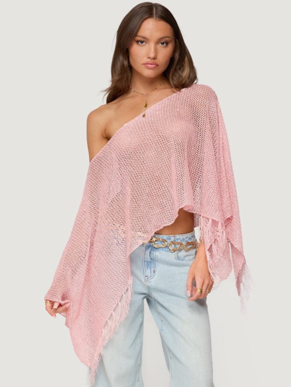 Fashion Nova Pink Sequin Fringe Poncho Ruana Swim Cover Up Crochet Top